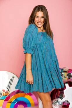 Queen Of Sparkles Denim & Rainbow Pearl Asymmetrical Dress