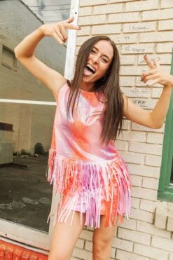 Queen Of Sparkles Red/Purple Leather Long Fringe Skirt