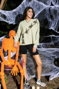Queen Of Sparkles Moss Green Embellished Spider Sweatshirt