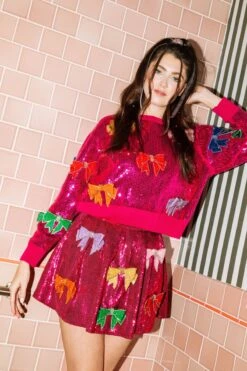 Queen Of Sparkles Pink Full Sequin Bow Sweater