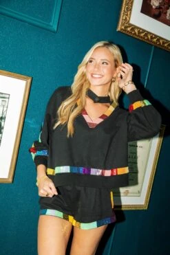 Queen Of Sparkles Black Rainbow Trim Cut Out Sweatshirt