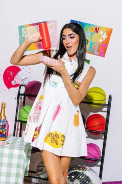 Queen Of Sparkles White Tailgate Food Icon Collar Dress