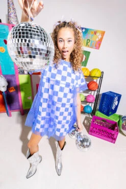 Queen Of Sparkles Royal & White Checkered Mesh Overlay Tee Dress