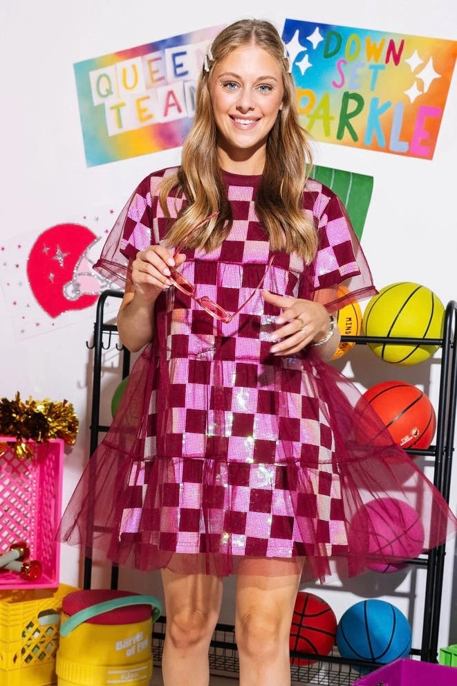 Queen Of Sparkles Maroon& White Checkered Mesh Overlay Tee Dress - Image 2