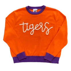 Queen Of Sparkles Glitter Script Orange W/ Purple "Tigers" Long Sleeve Sweater