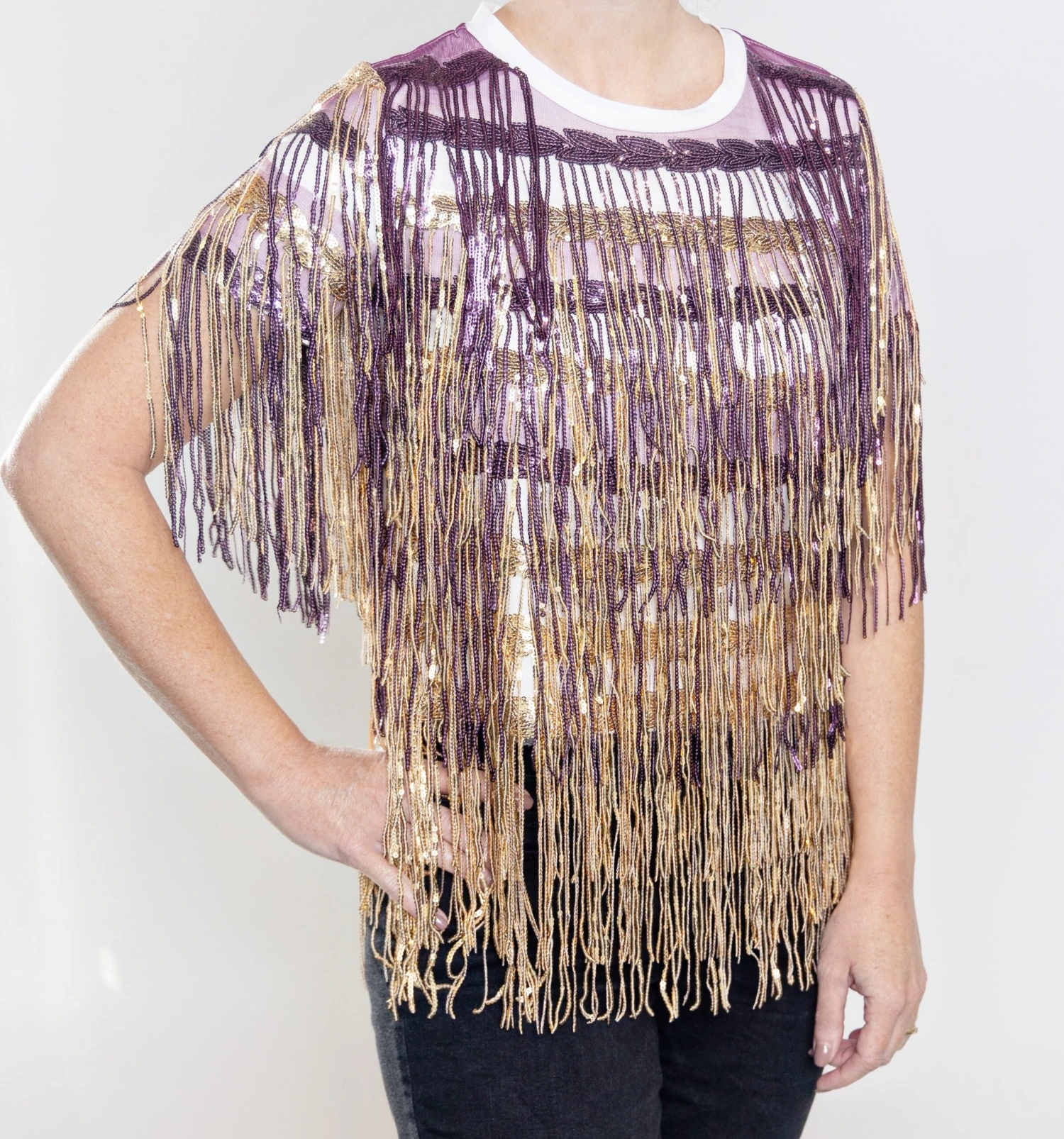 Full Sequin Fringe Purple & Gold Tee - Image 3
