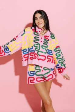 Pink Squiggle Henley Sweatshirt