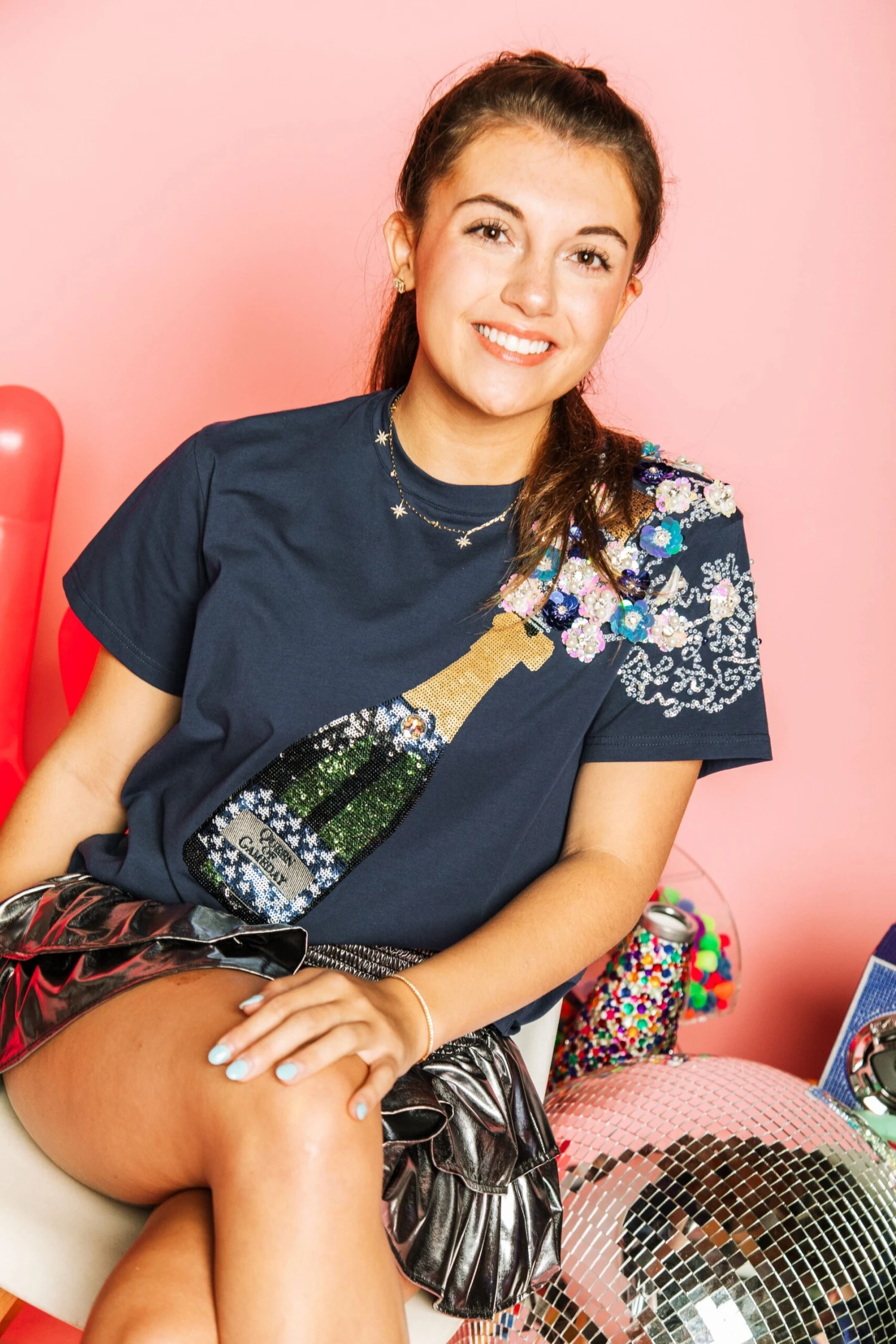 Queen Of Sparkles Navy & Silver Star Popping Champagne Tee