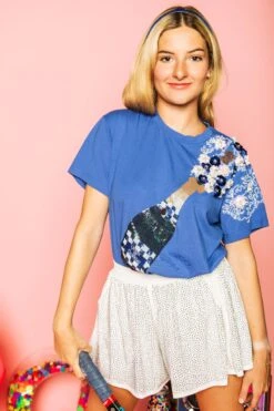 Queen Of Sparkles Royal Blue & White Checkered Popping Champagne Tee