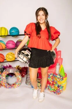 Queen Of Sparkles Red & Black QOS Jersey Peplum Top