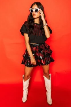 Queen Of Sparkles Black Tiered Sequin Skirt With Chickens