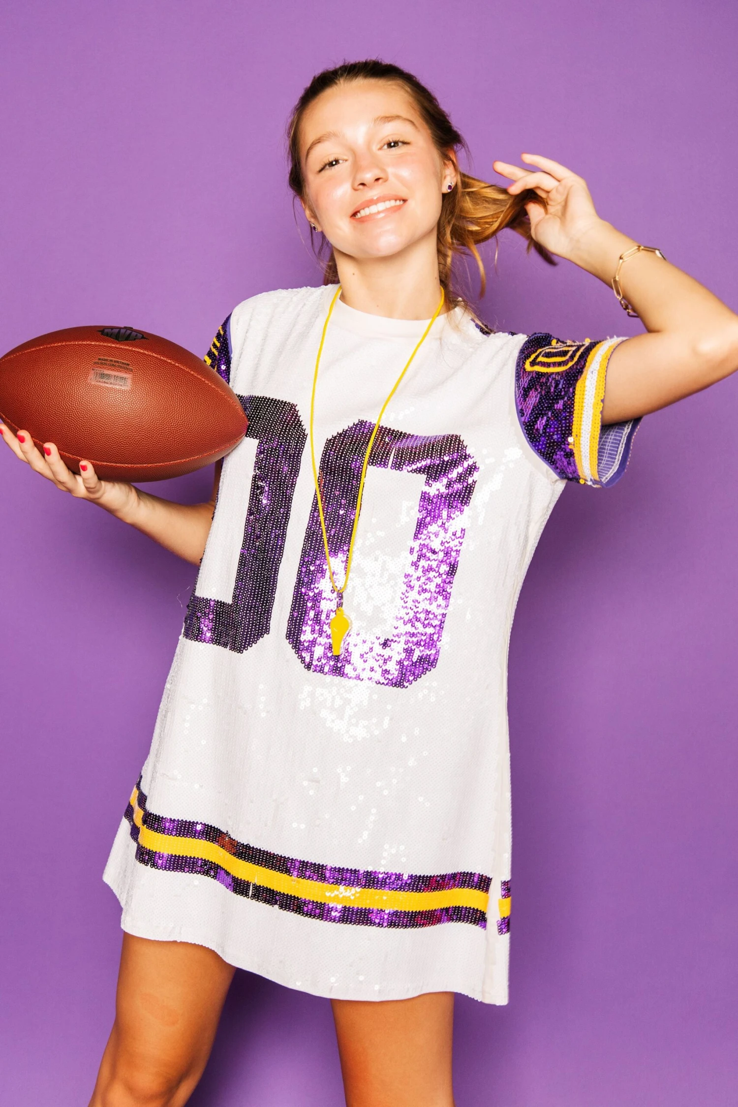 Queen Of Sparkles White W/ Purple/Gold Full Sequin Jersey Dress - Image 3
