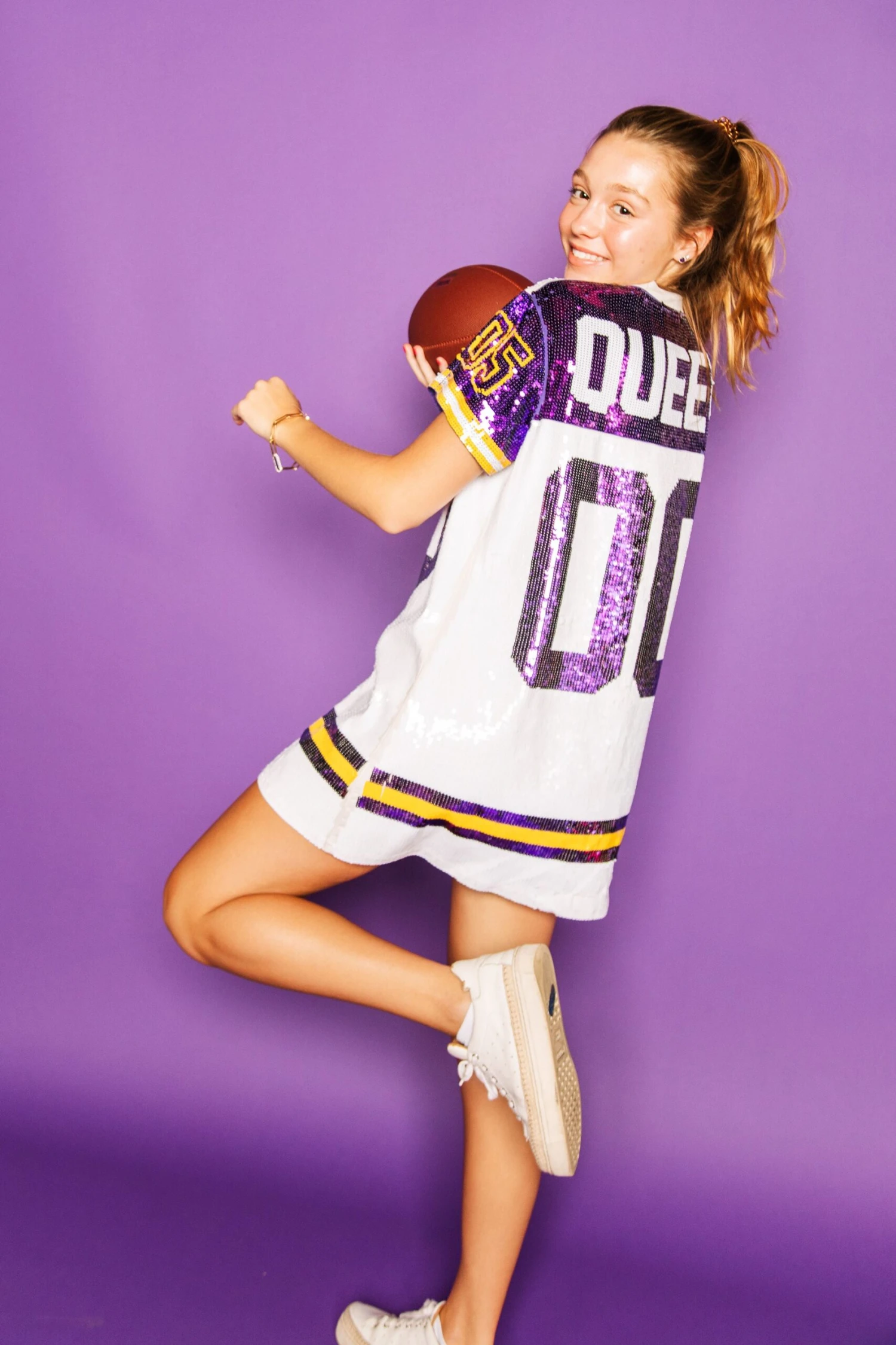 Queen Of Sparkles White W/ Purple/Gold Full Sequin Jersey Dress