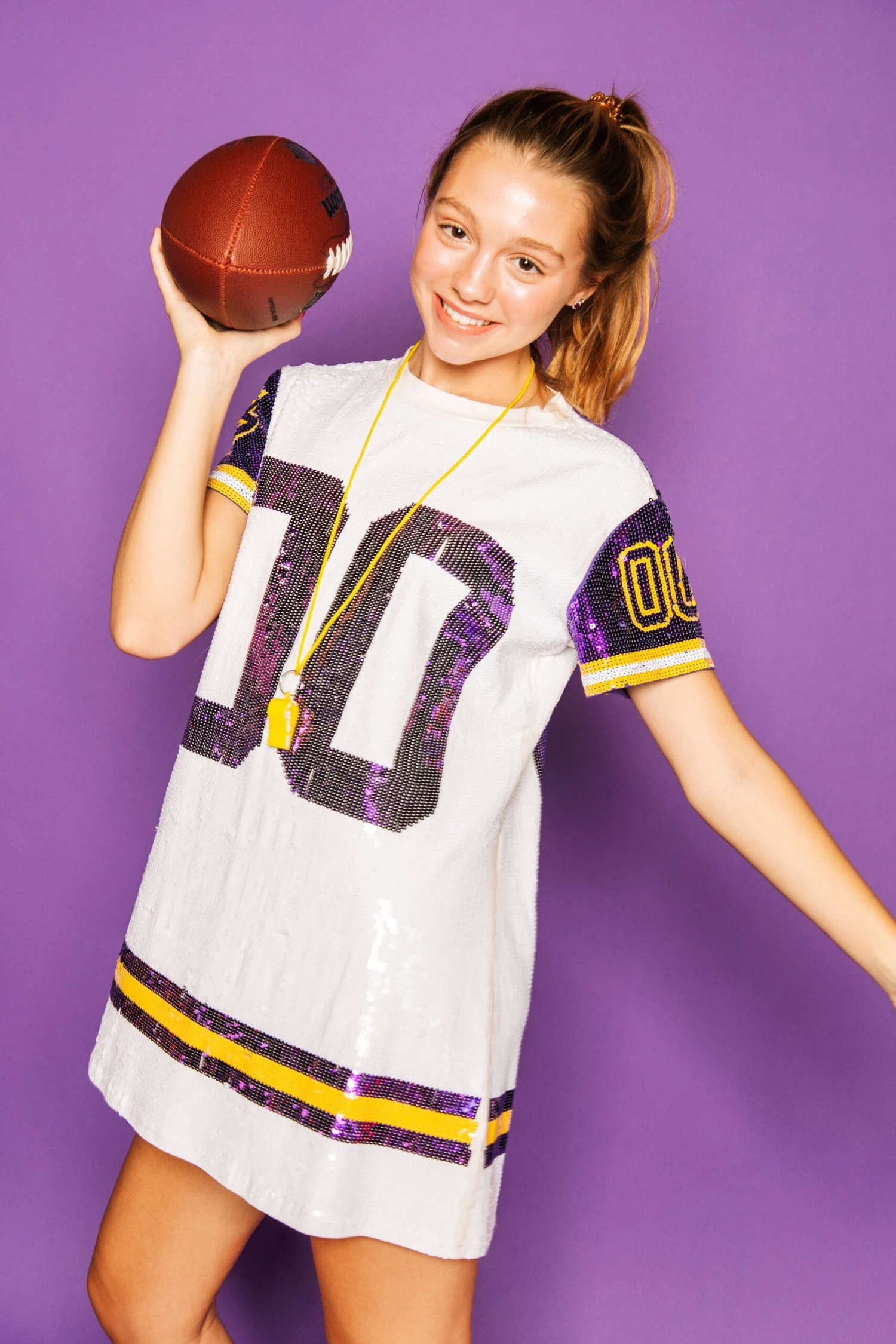 Queen Of Sparkles White W/ Purple/Gold Full Sequin Jersey Dress - Image 2