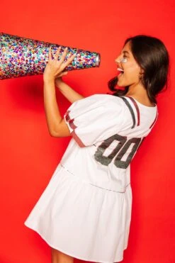 Queen Of Sparkles White, Black/Red Poof Sleeve QOS Jersey Dress