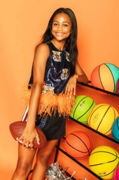 Queen Of Sparkles Tiger Navy Sequin Tank With Orange Feathers