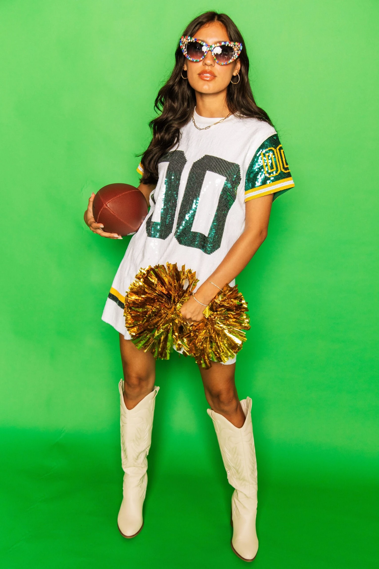 Queen Of Sparkles White, Green/Yellow Full Sequin Jersey Dress - Image 3