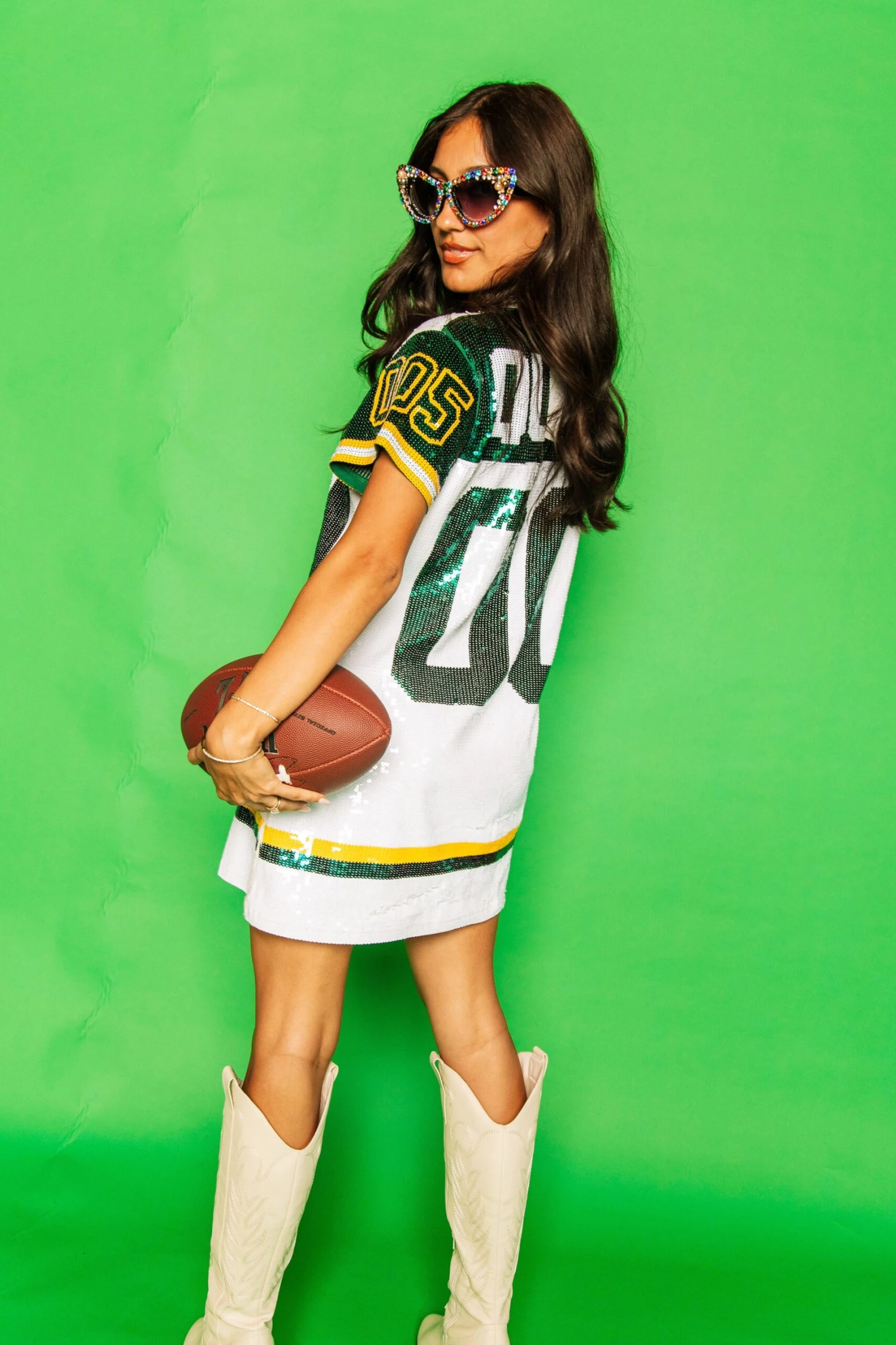 Queen Of Sparkles White, Green/Yellow Full Sequin Jersey Dress - Image 2