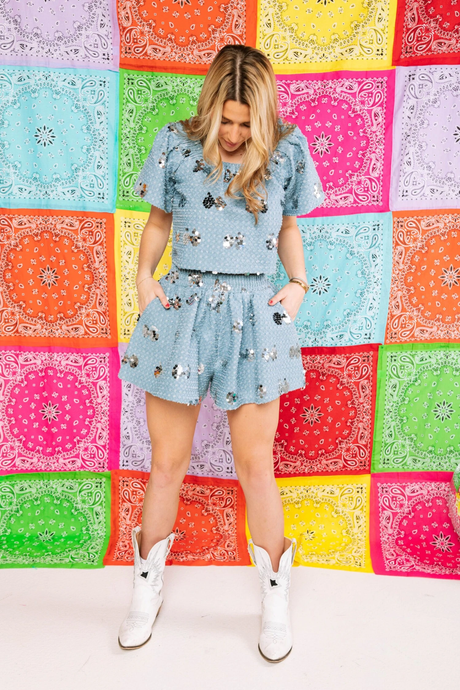 Queen Of Sparkles Denim & Silver Paillette Flutter Top - Image 2