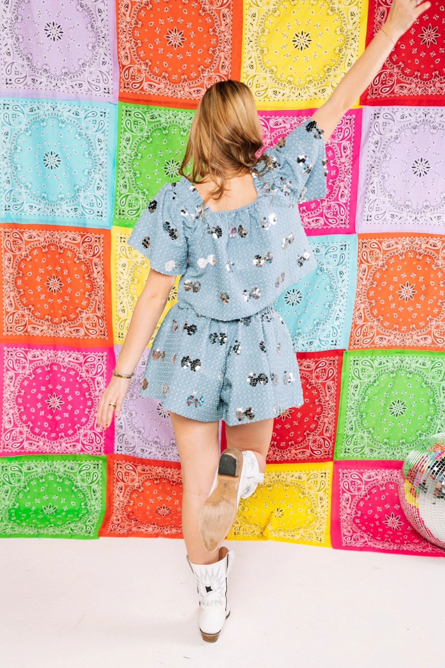 Queen Of Sparkles Denim & Silver Paillette Flutter Top - Image 4