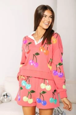 Queen Of Sparkles Bright Pink Rainbow Cherry Polo Sweatshirt