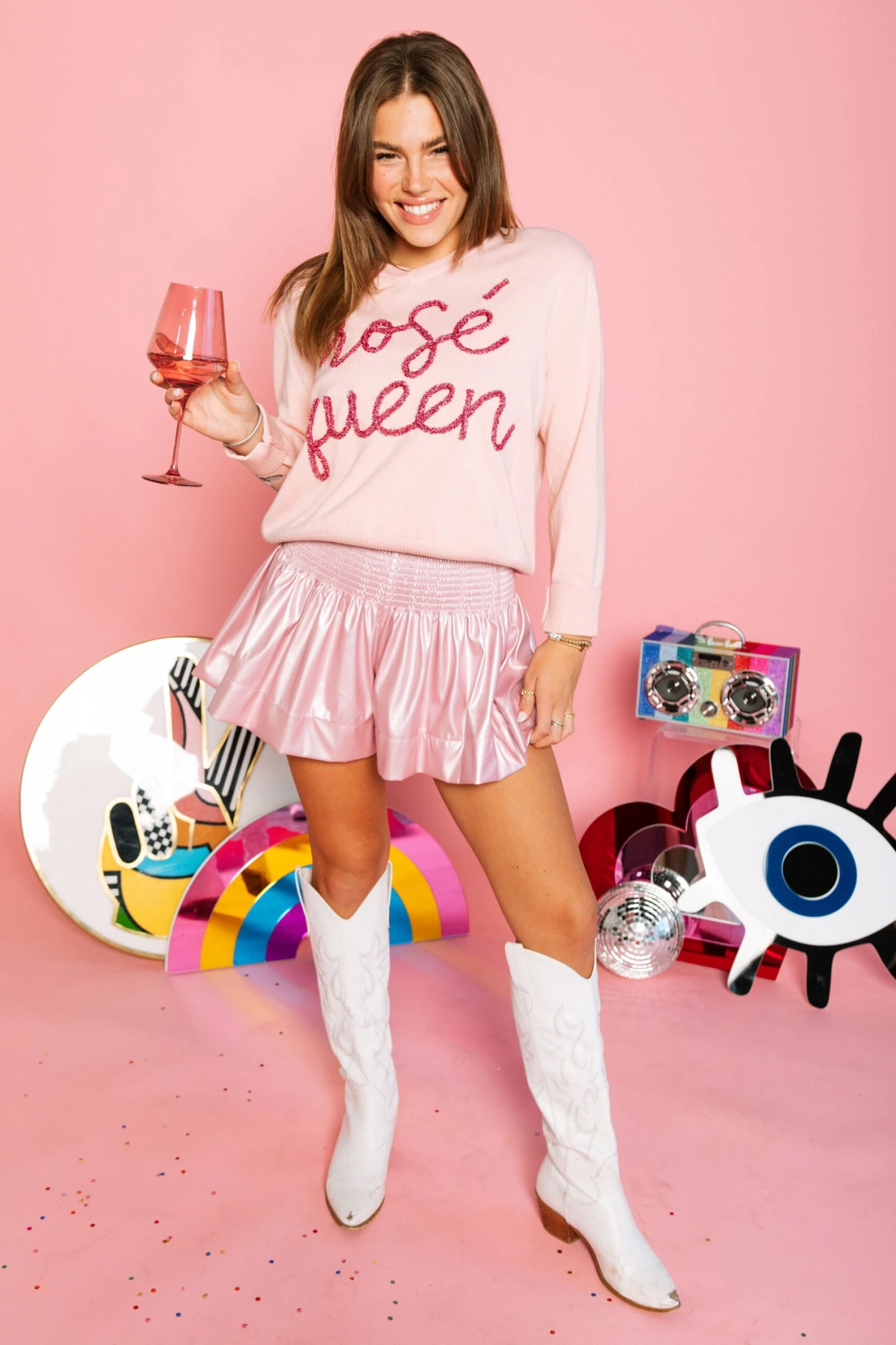 Queen Of Sparkles Light Pink Leather Swing Shorts - Image 3