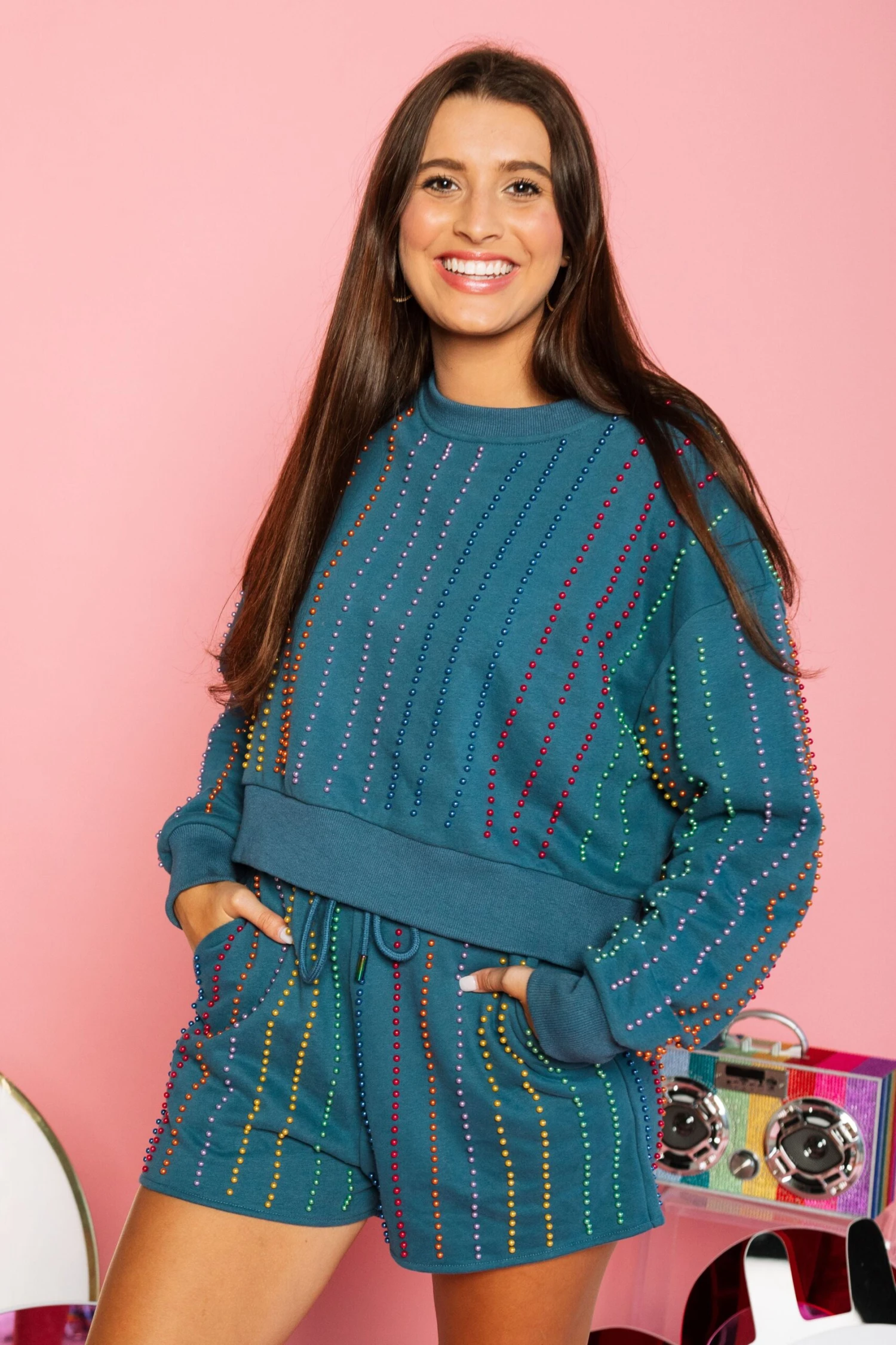 Queen Of Sparkles Indigo & Rainbow Pearl Stripe Sweatshirt - Image 2