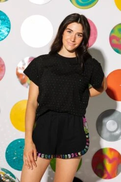 Queen Of Sparkles Black Rainbow Scattered Rhinestone Tee