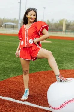 Queen Of Sparkles Red Peplum Baseball Top