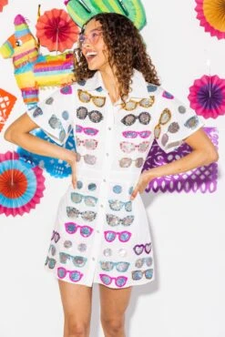 Queen Of Sparkles White Sunglass Collar Dress