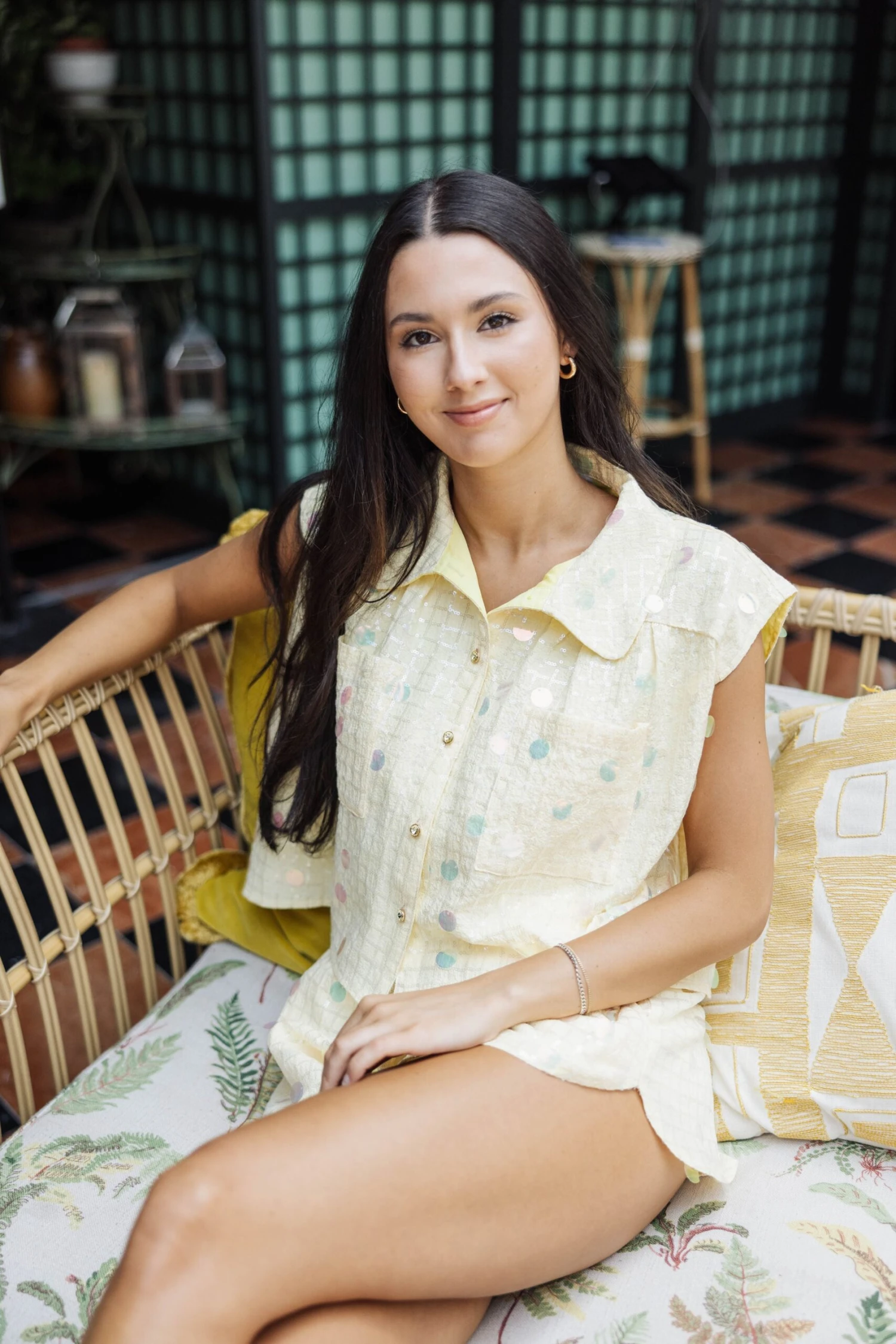 Yellow Checkered Paillette Collar Tank