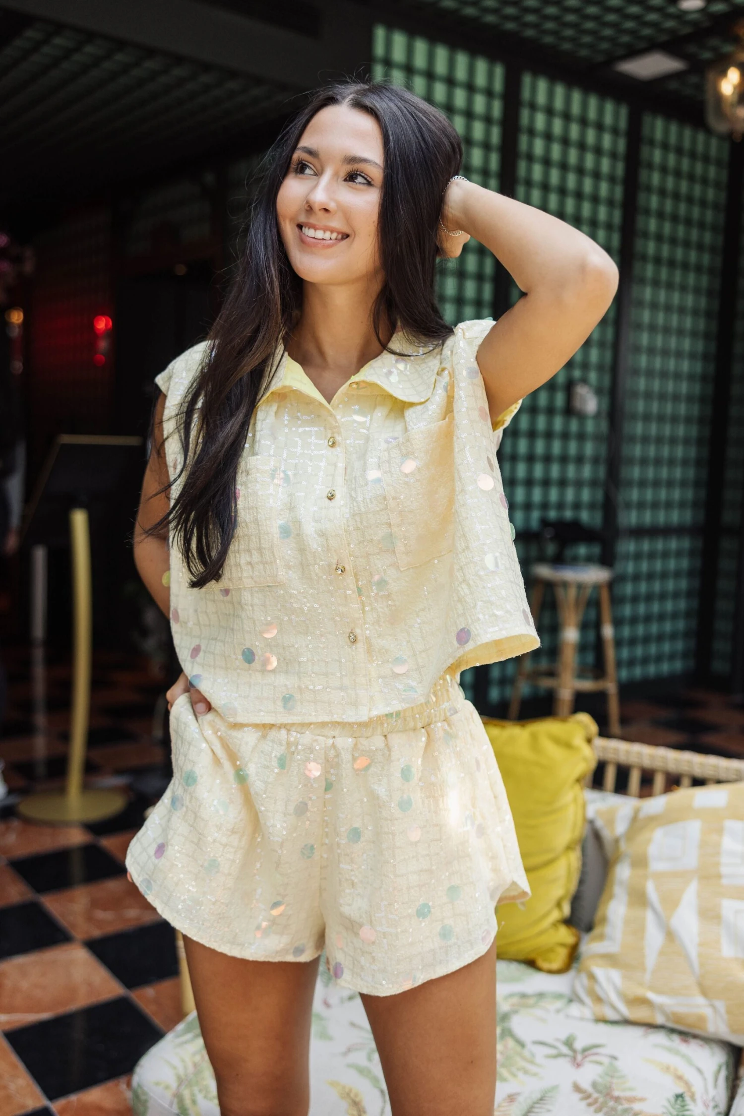 Yellow Checkered Paillette Collar Tank - Image 4