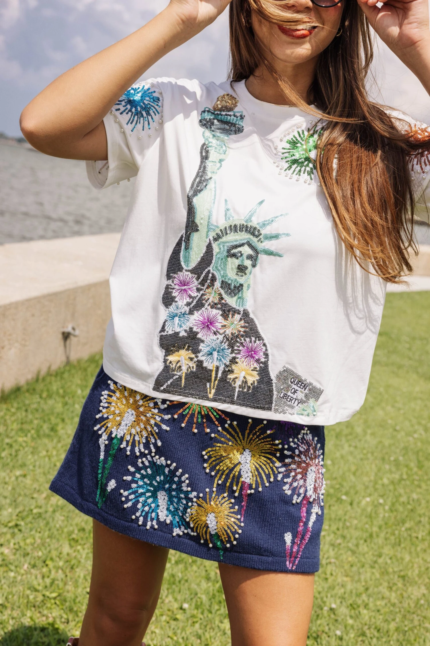 Queen Of Sparkles White Firework Lady Liberty Tee