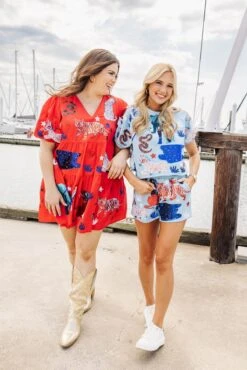 Queen Of Sparkles Red, White, And Blue Animal Poof Sleeve Dress