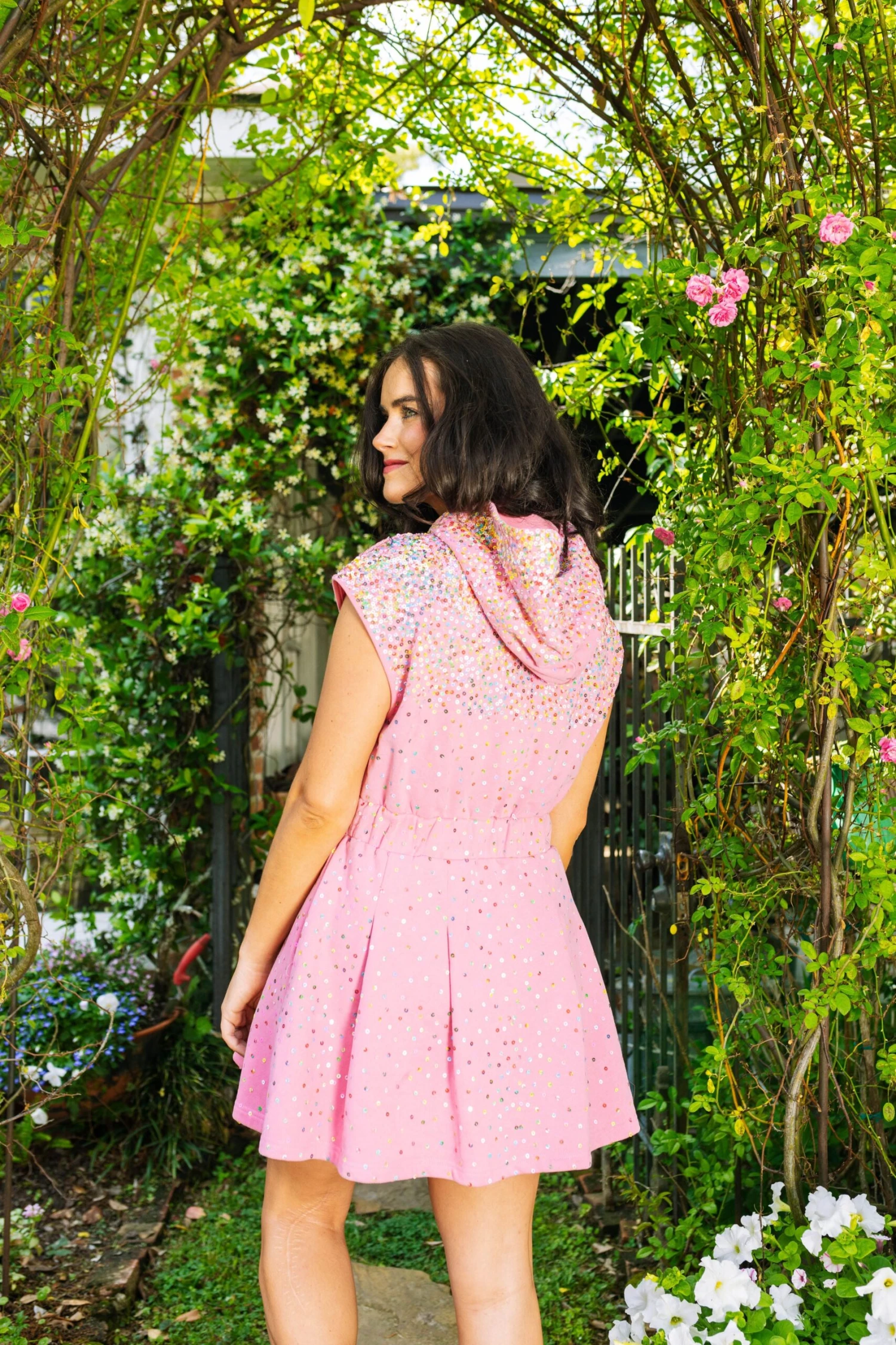 Queen Of Sparkles Pink Scatter Sequin Hoodie Dress - Image 4