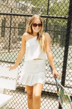 Queen Of Sparkles White One Shoulder Rhinestone Active Top